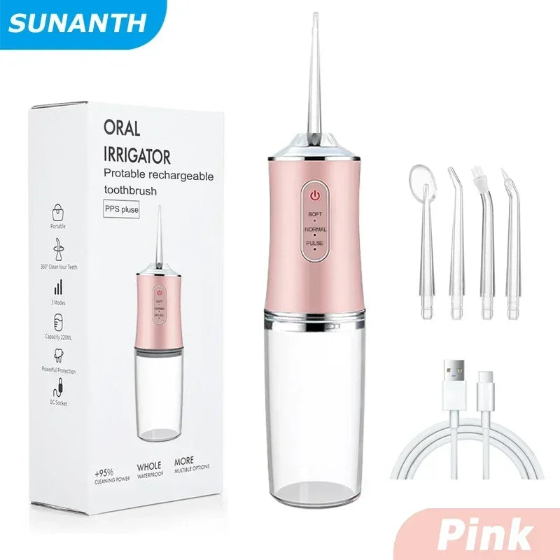 Oral Irrigator Portable Dental Water Flosser USB Rechargeable Water Jet Floss Tooth Pick 4 Jet Tip 220ml 3 Modes IPX7 1400rpm - Merit Sell