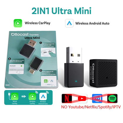 Ottocast New Play2Video Pro Ai Box Wireless CarPlay Android Auto Adapter Built in Youtube Netflix for Car with Wired Carplay - Merit Sell