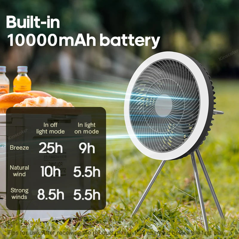 Outdoor Camping Fan Rechargeable Desktop 10000mAh Portable Circulator Wireless Ceiling Electric Fan with Power Bank LED Lighting - Merit Sell