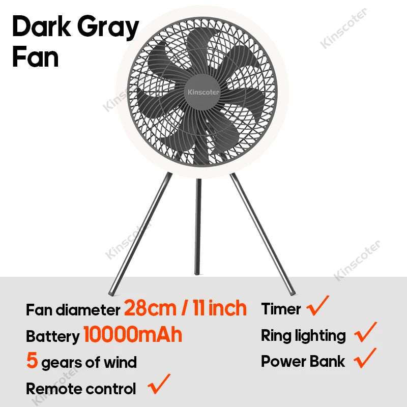 Outdoor Camping Fan Rechargeable Desktop 10000mAh Portable Circulator Wireless Ceiling Electric Fan with Power Bank LED Lighting - Merit Sell