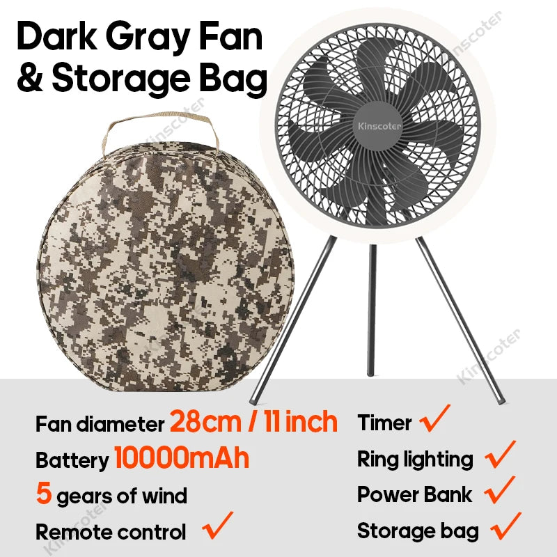 Outdoor Camping Fan Rechargeable Desktop 10000mAh Portable Circulator Wireless Ceiling Electric Fan with Power Bank LED Lighting - Merit Sell