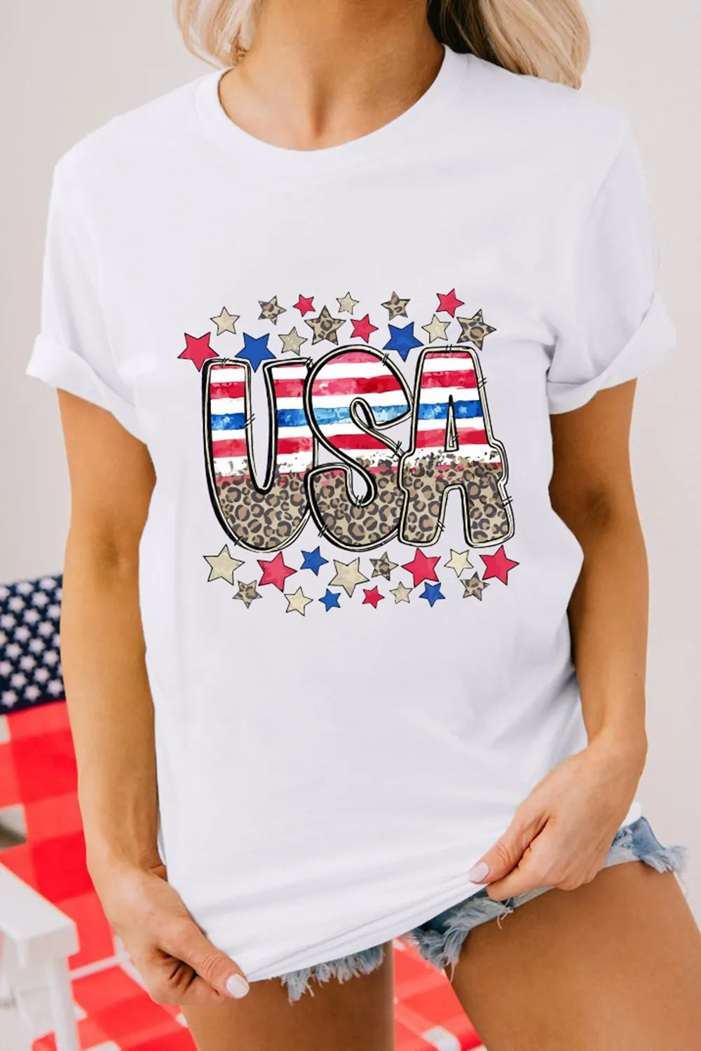 Patriotic Star Leopard USA Letter Graphic T Shirt - Merit Sell