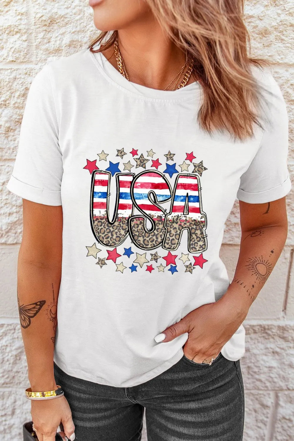 Patriotic Star Leopard USA Letter Graphic T Shirt - Merit Sell