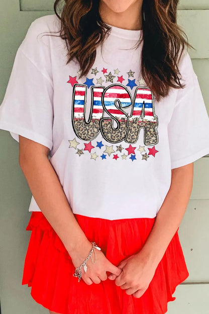 Patriotic Star Leopard USA Letter Graphic T Shirt - Merit Sell
