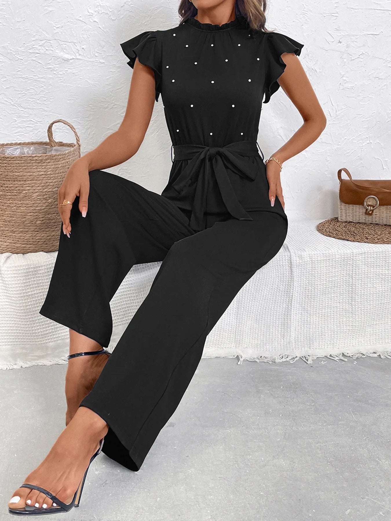 Pearl Detail Ruffled Cap Sleeve Jumpsuit - Merit Sell