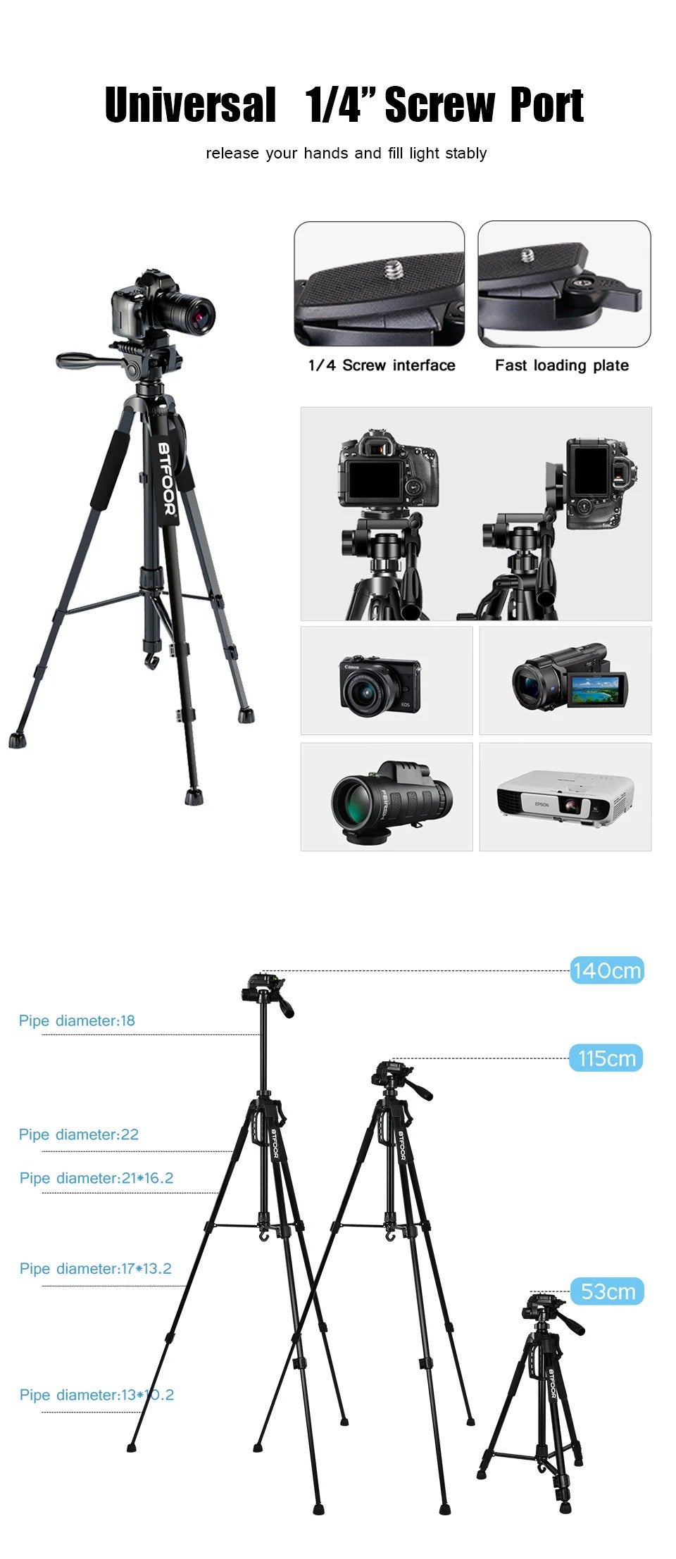 Phone Travel Self Tripod Aluminum Tall 55” 140CM Stand With Quick Plates Mount Pan Head For Canon Nikon DSLR SLR Digital Camera - Merit Sell