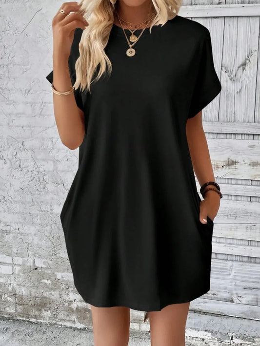 Pocketed Round Neck Short Sleeve Dress - Merit Sell