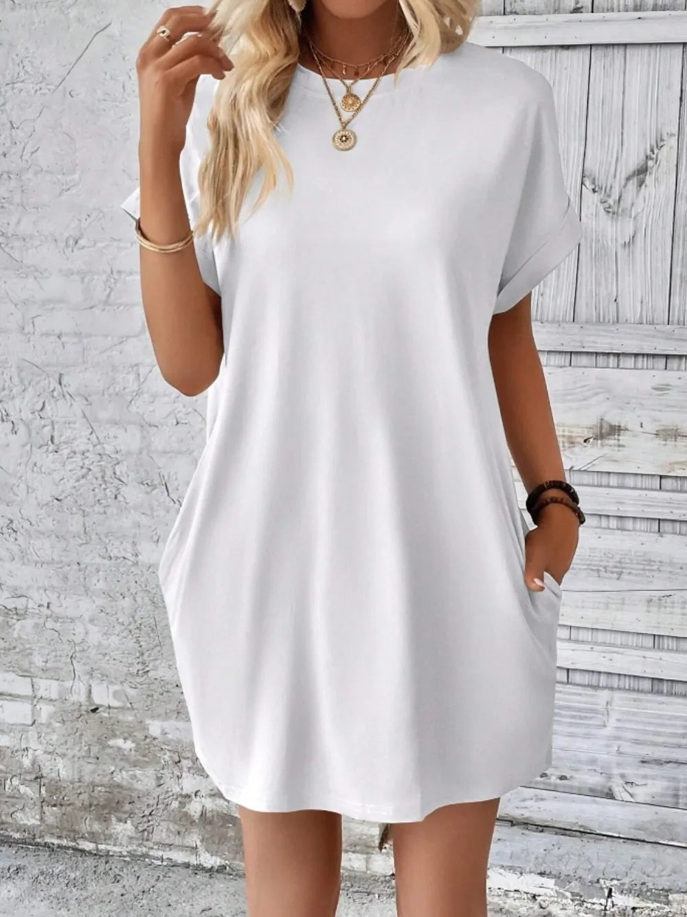Pocketed Round Neck Short Sleeve Dress - Merit Sell