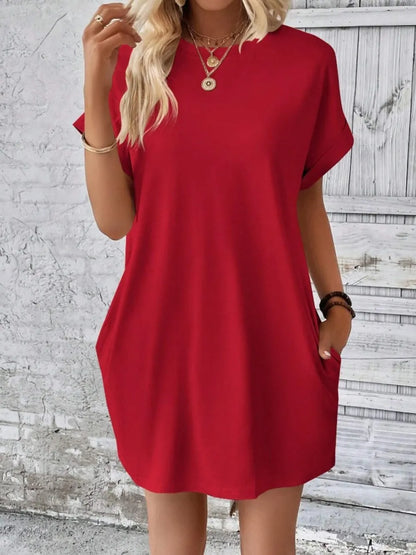 Pocketed Round Neck Short Sleeve Dress - Merit Sell