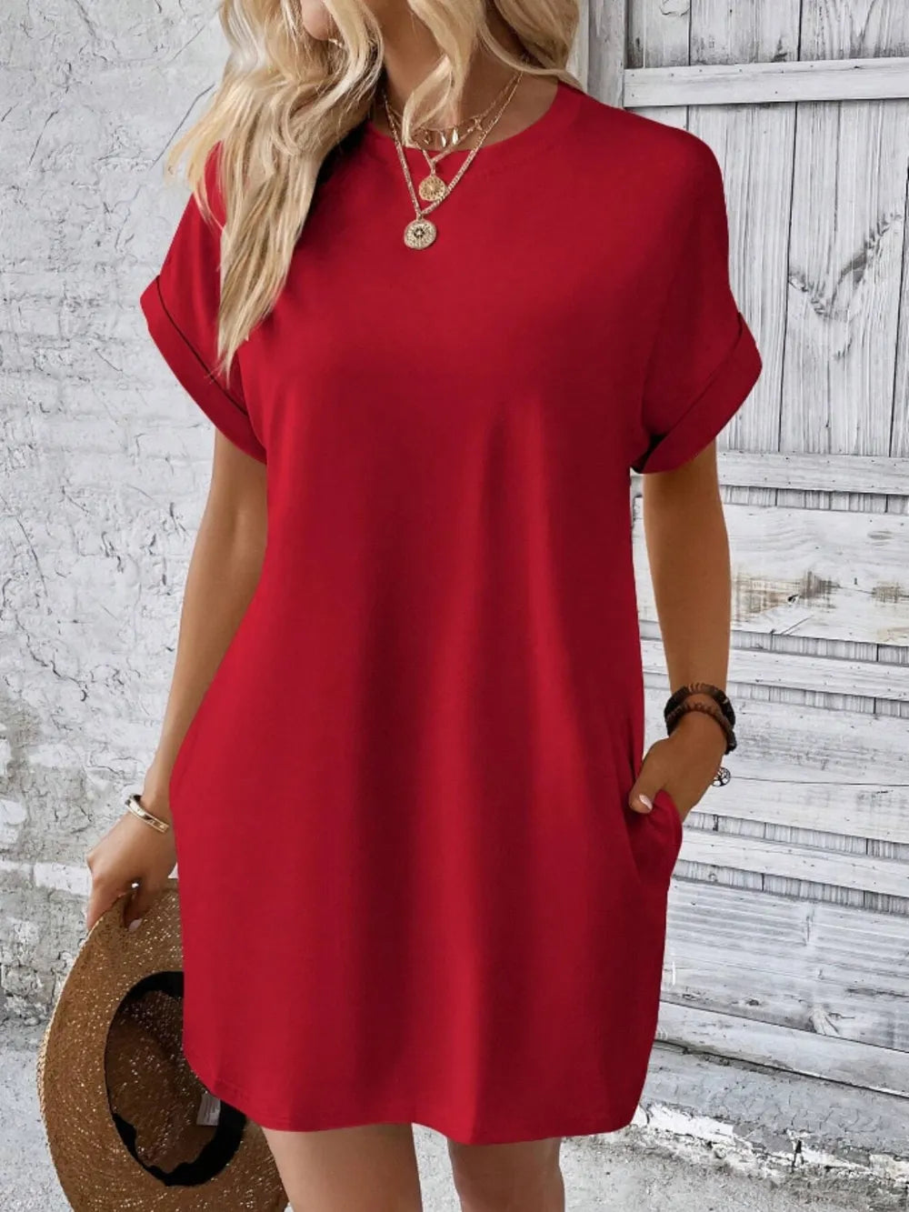 Pocketed Round Neck Short Sleeve Dress - Merit Sell