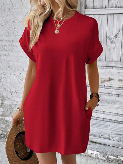 Pocketed Round Neck Short Sleeve Dress - Merit Sell