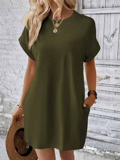 Pocketed Round Neck Short Sleeve Dress - Merit Sell