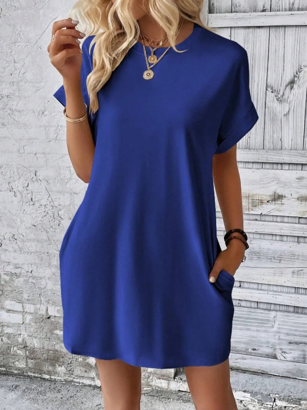 Pocketed Round Neck Short Sleeve Dress - Merit Sell