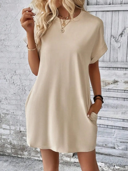 Pocketed Round Neck Short Sleeve Dress - Merit Sell