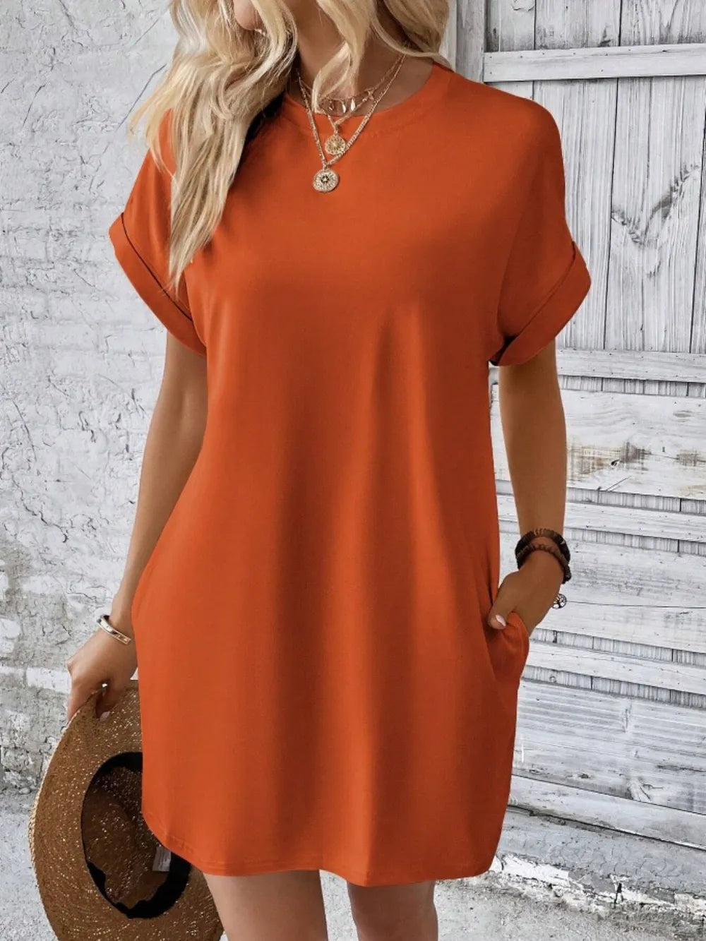 Pocketed Round Neck Short Sleeve Dress - Merit Sell