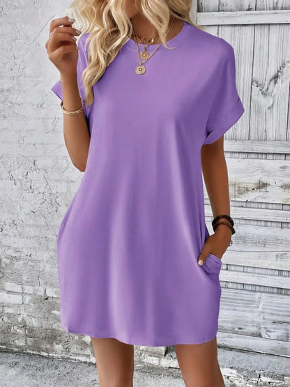 Pocketed Round Neck Short Sleeve Dress - Merit Sell