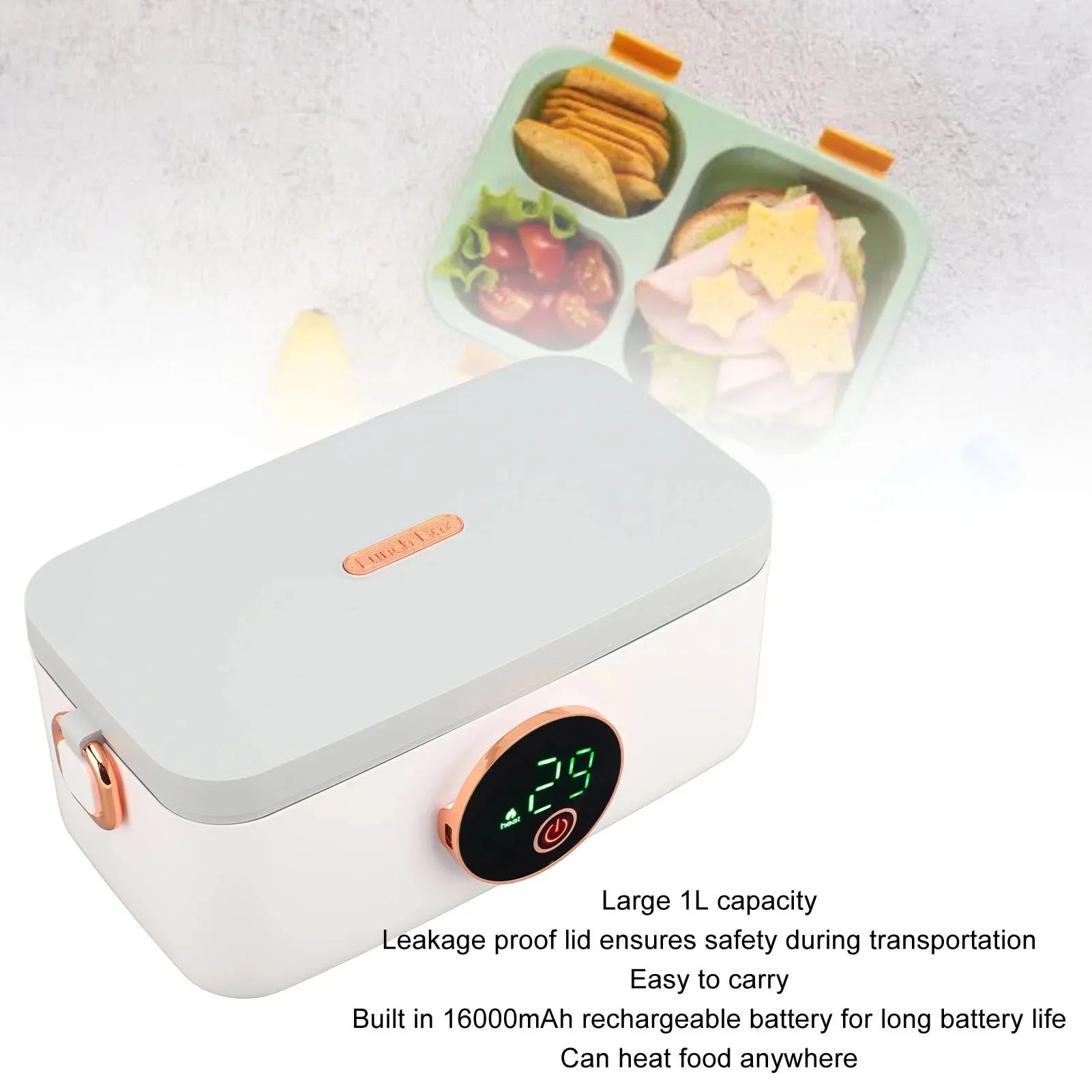 Portable Lunch Warmer Box Electric 1L Capacity USB Rechargeable Cordless for Office Travel Car LED Display Type-C - Merit Sell