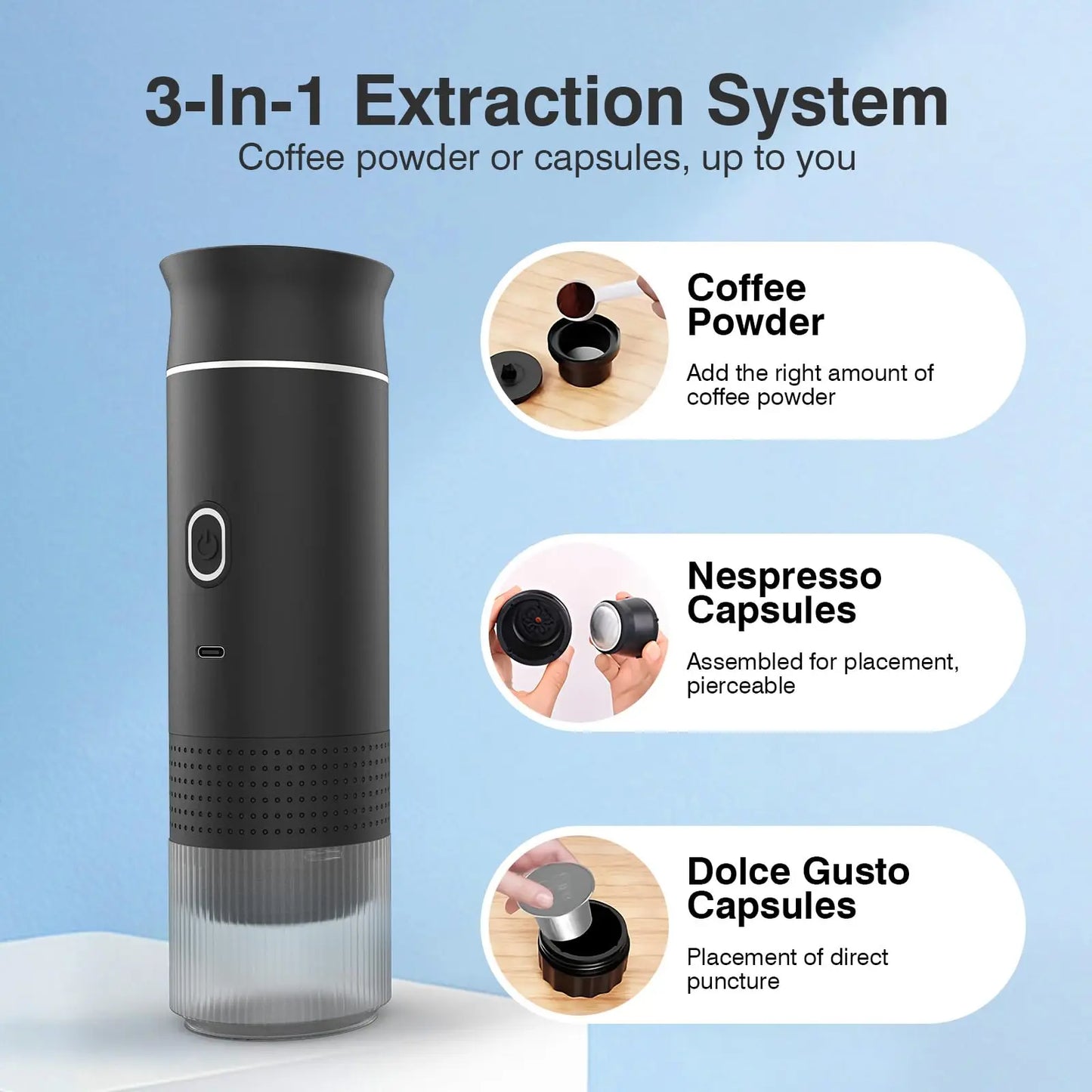 Portable espresso machine, coffee maker for on the go, 3-in-1 rechargeable coffee maker for the car, compatible with ground coff - Merit Sell