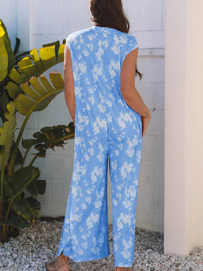 Printed Button-Front Wide Leg Jumpsuit - Merit Sell