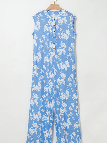 Printed Button-Front Wide Leg Jumpsuit - Merit Sell
