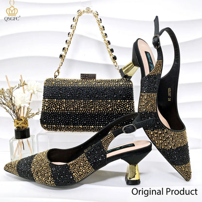 QSGFC Ladies High Quality Women's Pumps A Pair shoes Or set Italian Fashion Design Black Gold Color Bag For Nigeria Wedding - Merit Sell