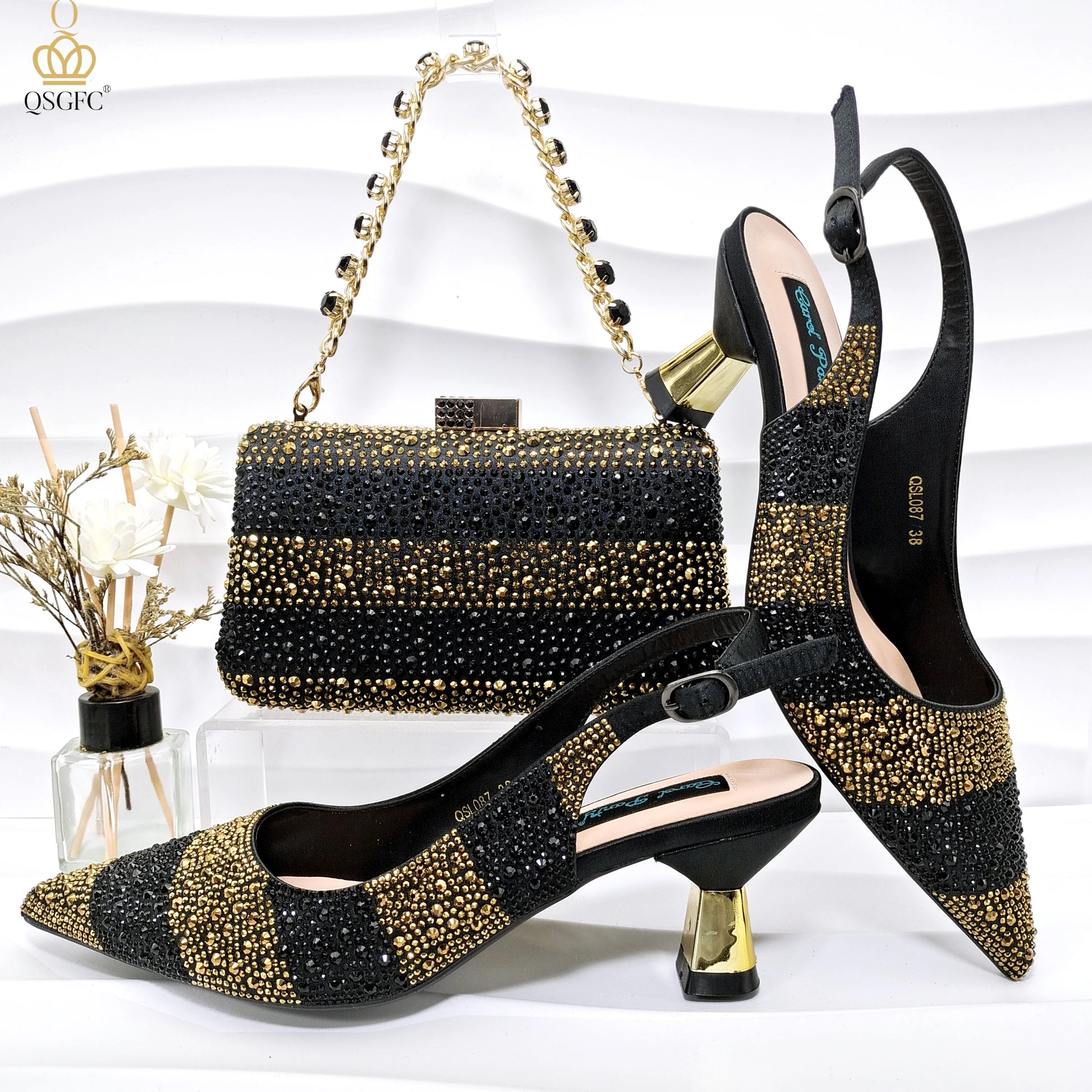 QSGFC Ladies High Quality Women's Pumps A Pair shoes Or set Italian Fashion Design Black Gold Color Bag For Nigeria Wedding - Merit Sell