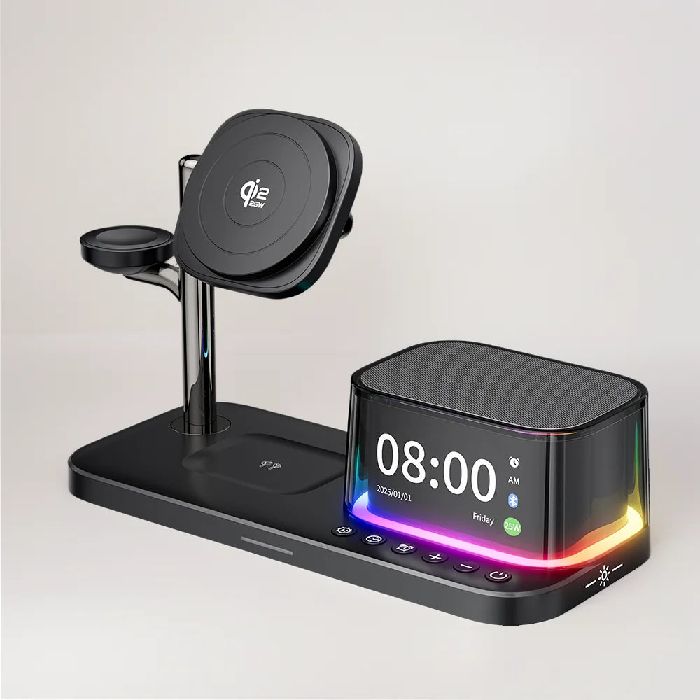 Qi2 25W Wireless Charger 2025 Multifunction Light Rgb Desk Alarm Clock Bluetooth Speaker 5 in 1 Fast Charging for Iphone 17 16 - Merit Sell