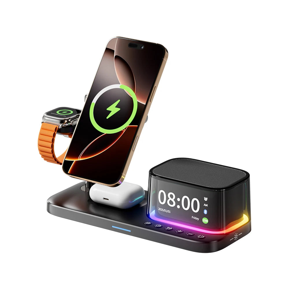 Qi2 25W Wireless Charger 2025 Multifunction Light Rgb Desk Alarm Clock Bluetooth Speaker 5 in 1 Fast Charging for Iphone 17 16 - Merit Sell