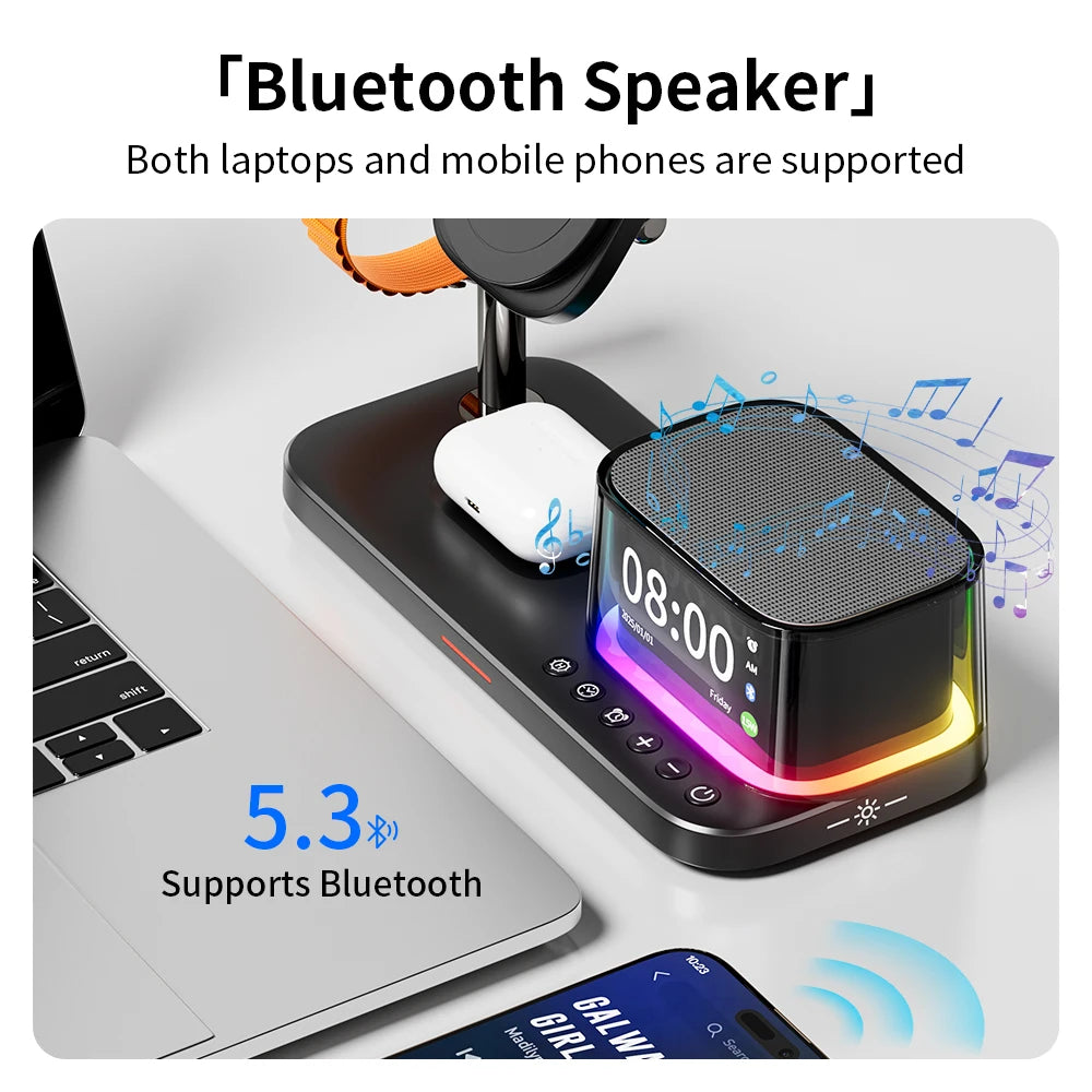 Qi2 25W Wireless Charger 2025 Multifunction Light Rgb Desk Alarm Clock Bluetooth Speaker 5 in 1 Fast Charging for Iphone 17 16 - Merit Sell