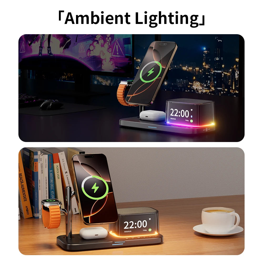 Qi2 25W Wireless Charger 2025 Multifunction Light Rgb Desk Alarm Clock Bluetooth Speaker 5 in 1 Fast Charging for Iphone 17 16 - Merit Sell