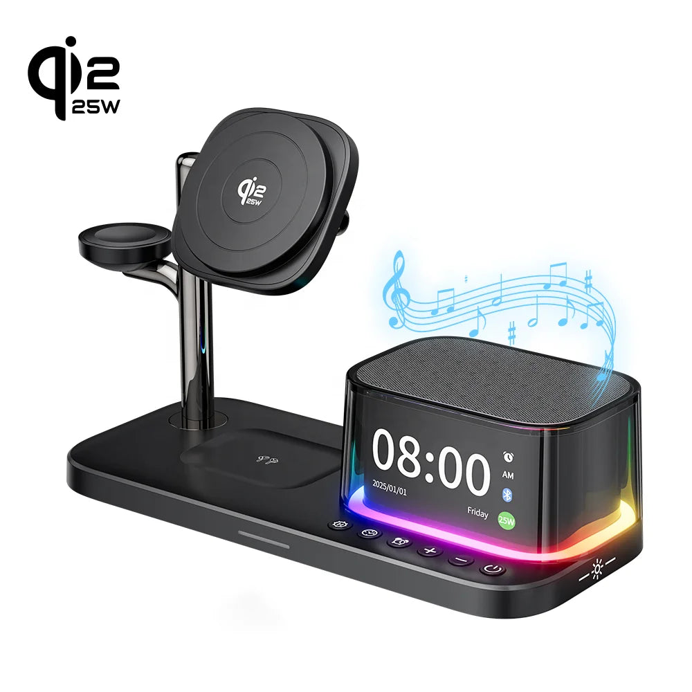 Qi2 25W Wireless Charger 2025 Multifunction Light Rgb Desk Alarm Clock Bluetooth Speaker 5 in 1 Fast Charging for Iphone 17 16 - Merit Sell