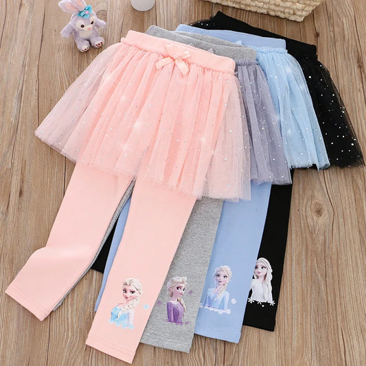 Quality Cotton Girls Skirt Pants for Children Disney Frozen Elsa Princess Skirts Baby Girl Pink Blue Trouser Lace Kids Leggings - Merit Sell