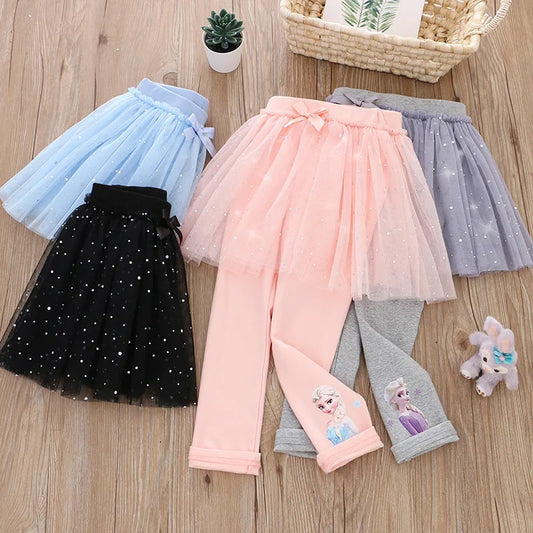 Quality Cotton Girls Skirt Pants for Children Disney Frozen Elsa Princess Skirts Baby Girl Pink Blue Trouser Lace Kids Leggings - Merit Sell