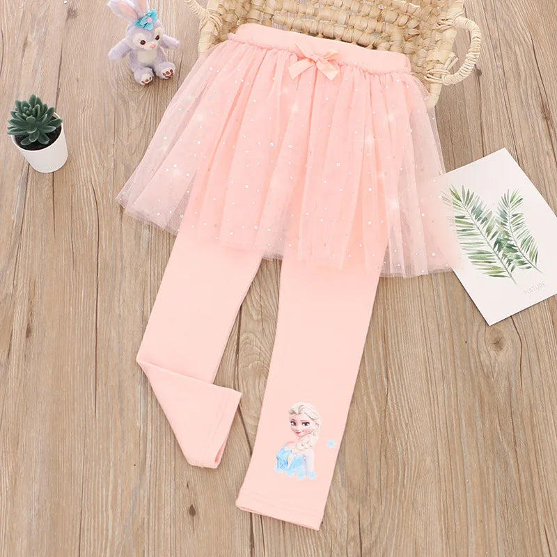 Quality Cotton Girls Skirt Pants for Children Disney Frozen Elsa Princess Skirts Baby Girl Pink Blue Trouser Lace Kids Leggings - Merit Sell