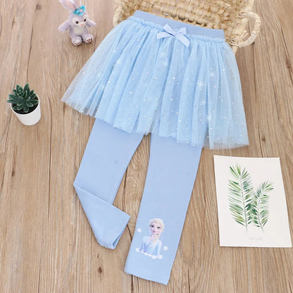 Quality Cotton Girls Skirt Pants for Children Disney Frozen Elsa Princess Skirts Baby Girl Pink Blue Trouser Lace Kids Leggings - Merit Sell