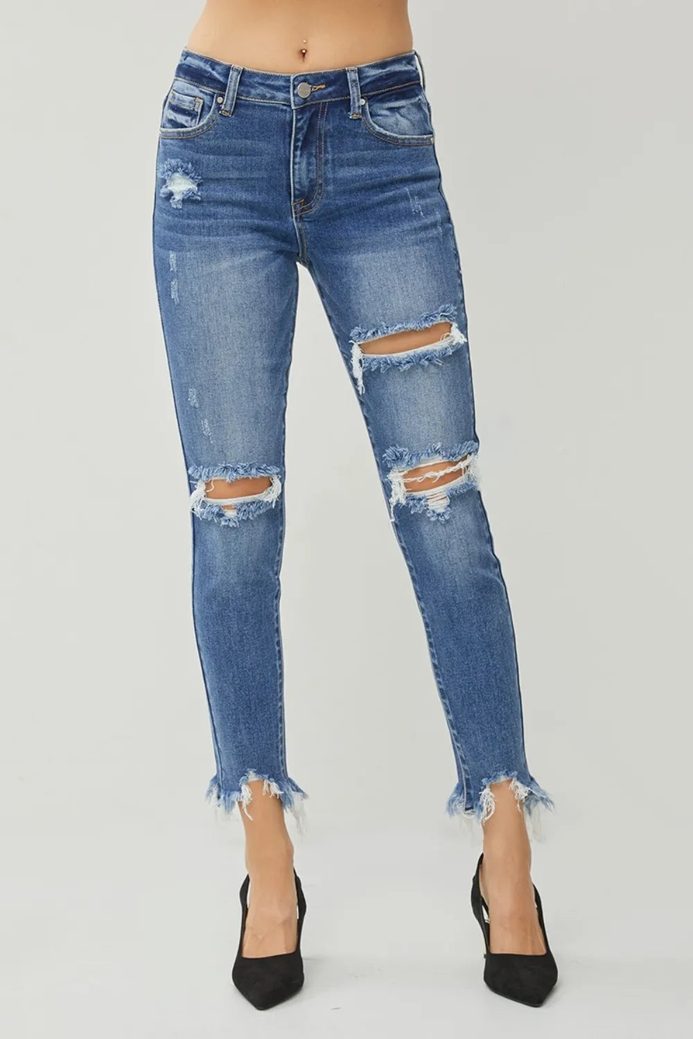 RISEN Distressed Frayed Hem Slim Jeans - Merit Sell