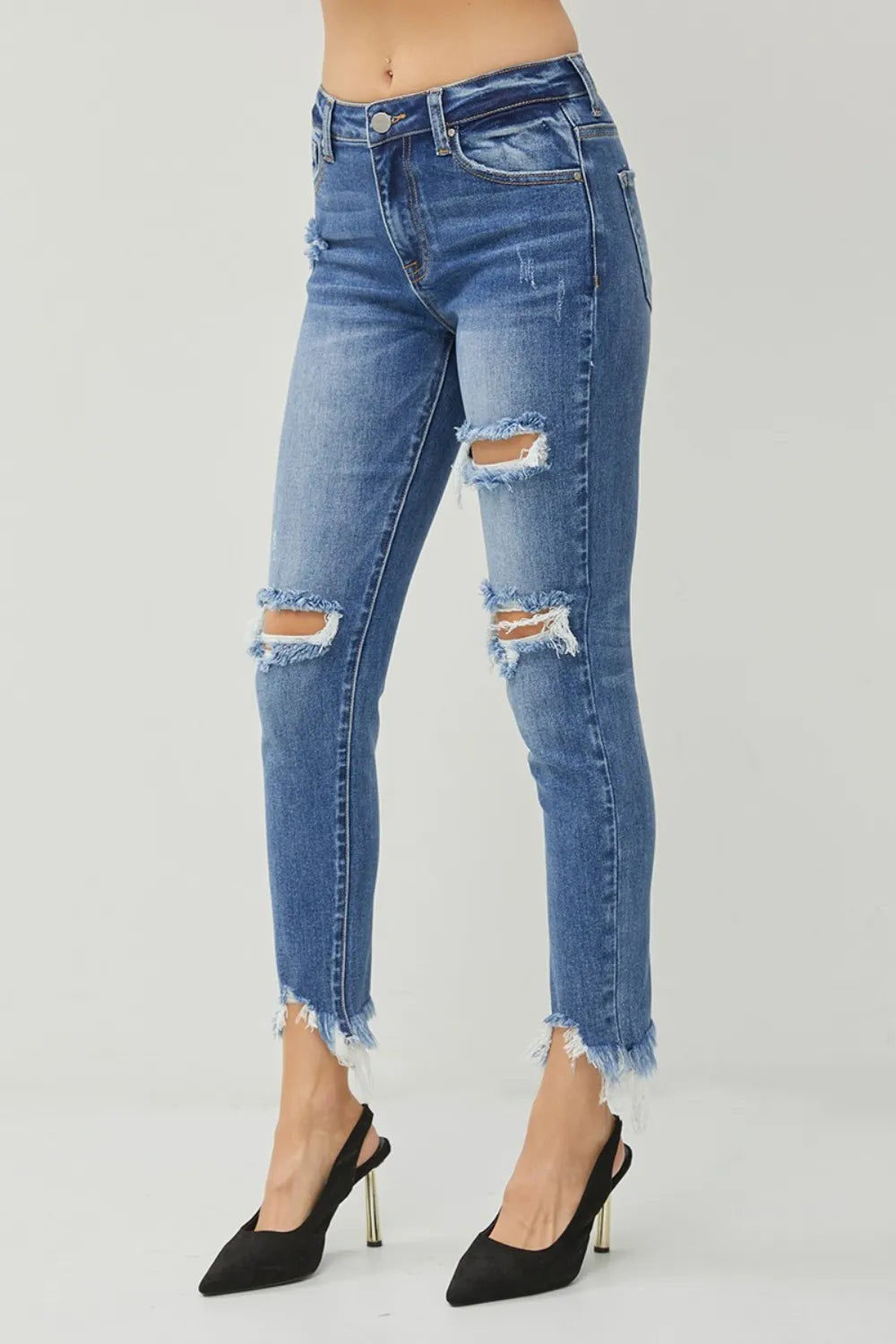RISEN Distressed Frayed Hem Slim Jeans - Merit Sell