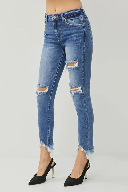RISEN Distressed Frayed Hem Slim Jeans - Merit Sell