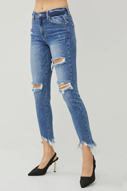 RISEN Distressed Frayed Hem Slim Jeans - Merit Sell