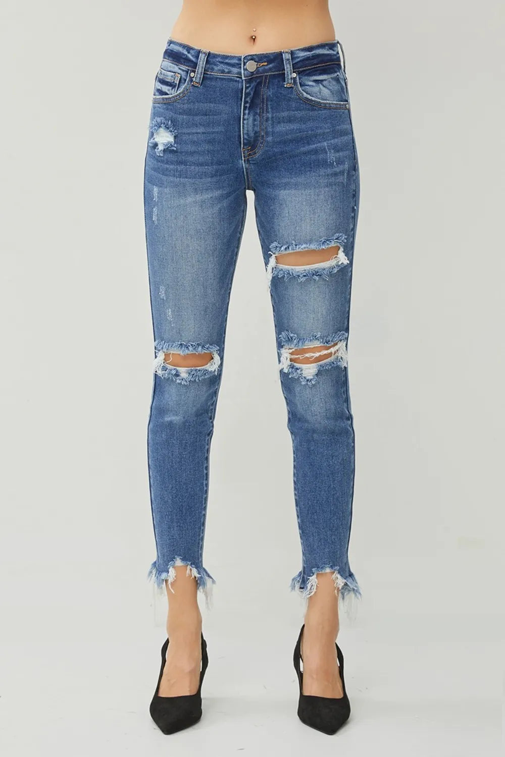 RISEN Distressed Frayed Hem Slim Jeans - Merit Sell