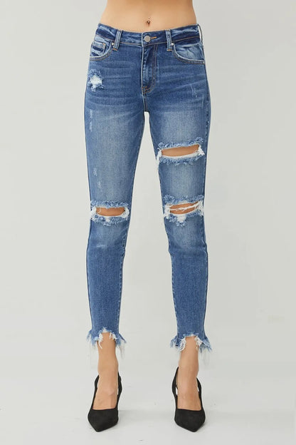 RISEN Distressed Frayed Hem Slim Jeans - Merit Sell