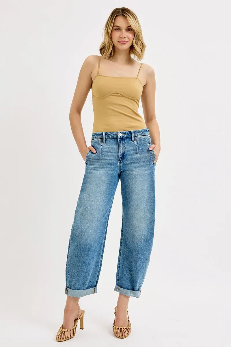 RISEN Full Size Mid Rise Fit Barrel Roll Up Jeans Plus Size - Merit Sell