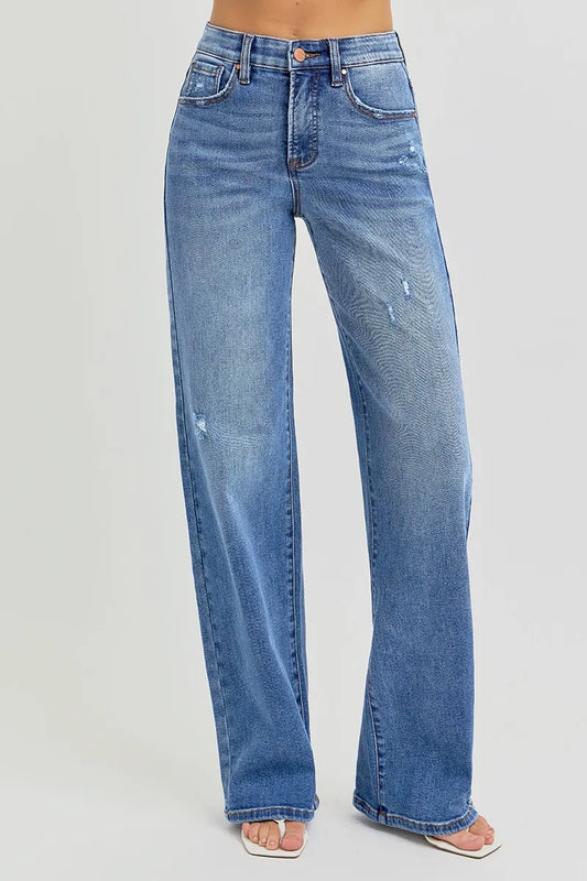 RISEN Full Size Tummy Control Elastic Band High Rise Wide Jeans Plus Size - Merit Sell