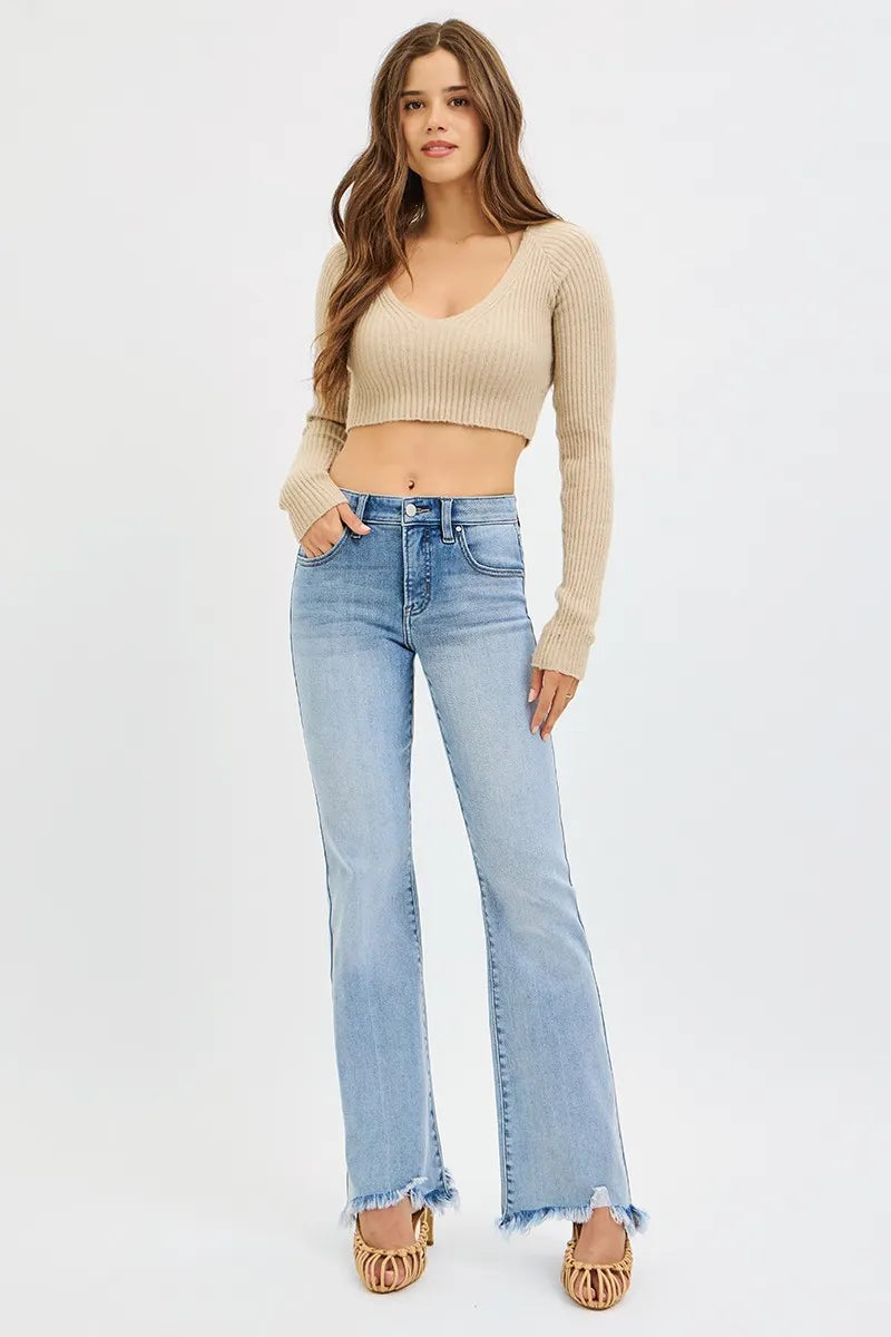 RISEN Full Size Tummy Control Mid Rise Flare Jeans with Fray Hem Detailed Plus Size - Merit Sell