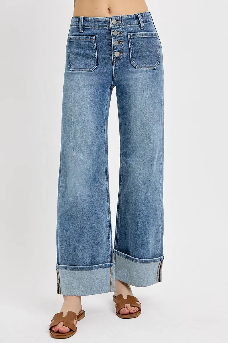 RISEN High Rise Ankle Wide Button Patch Pocket Cuffed Jeans - Merit Sell