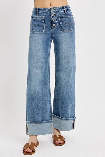 RISEN High Rise Ankle Wide Button Patch Pocket Cuffed Jeans - Merit Sell