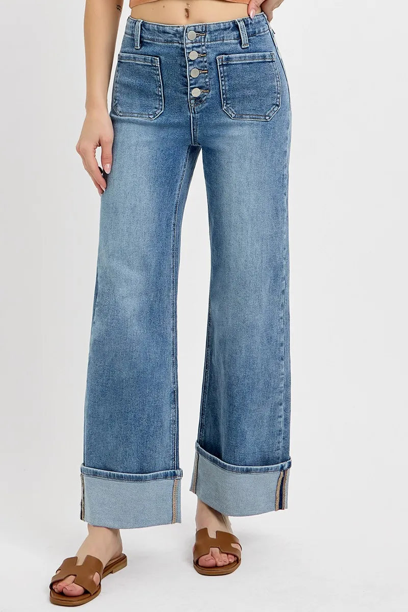 RISEN High Rise Ankle Wide Button Patch Pocket Cuffed Jeans - Merit Sell