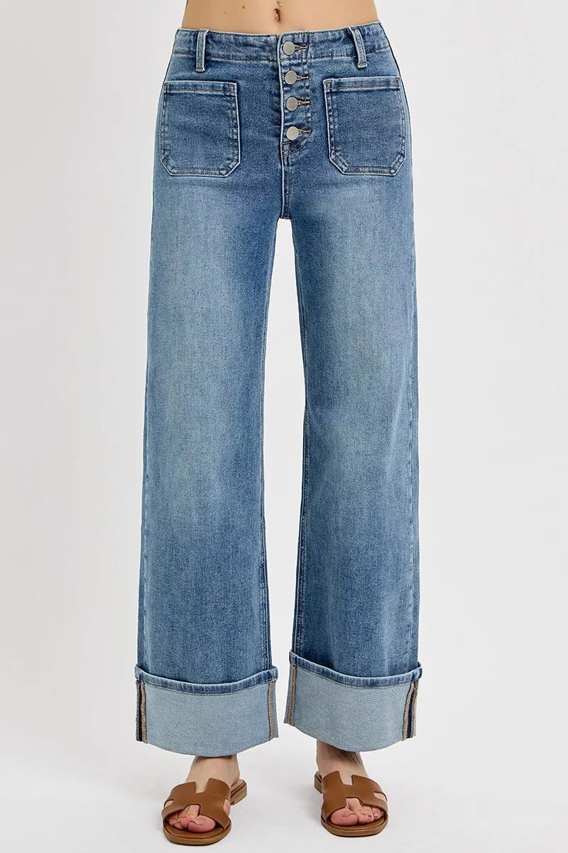RISEN High Rise Ankle Wide Button Patch Pocket Cuffed Jeans - Merit Sell