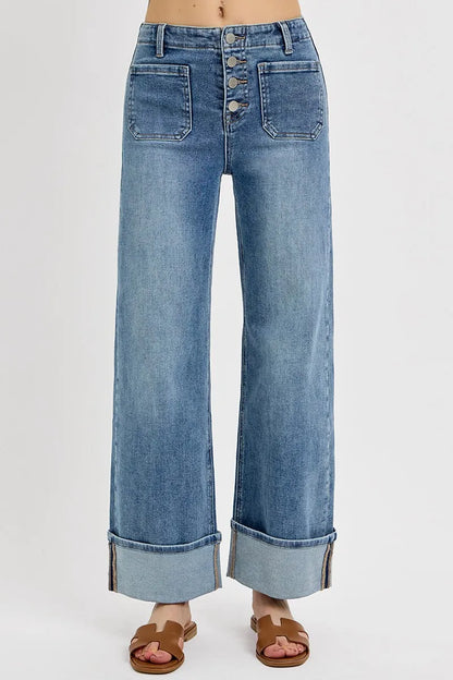 RISEN High Rise Ankle Wide Button Patch Pocket Cuffed Jeans - Merit Sell