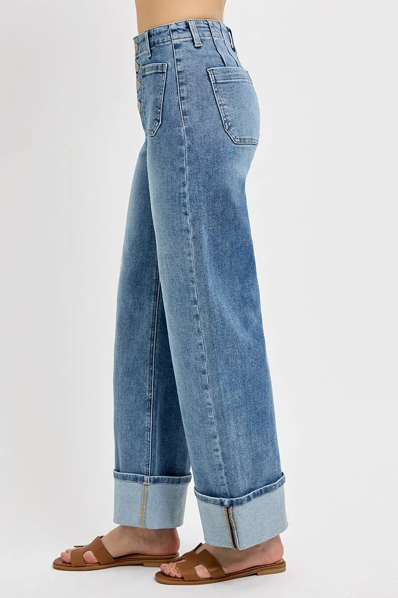 RISEN High Rise Ankle Wide Button Patch Pocket Cuffed Jeans - Merit Sell